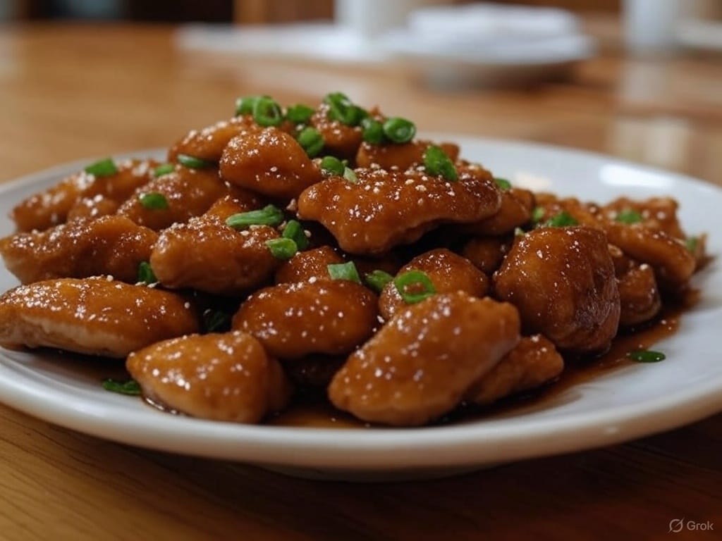 A plate of glazed, bite-sized chicken pieces garnished with chopped green onions on a wooden table.