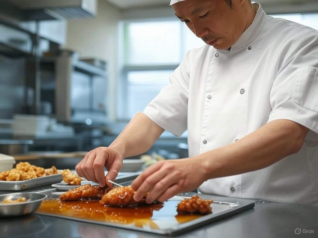 Chef in a white uniform carefully plating fried chicken in a professional kitchen.
