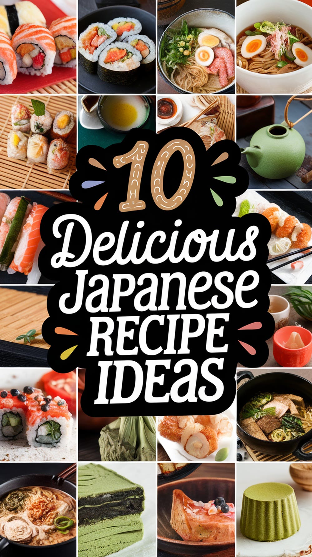 Collage of various Japanese dishes including sushi, ramen, green tea, and desserts with the text "10 Delicious Japanese Recipe Ideas" in the center.