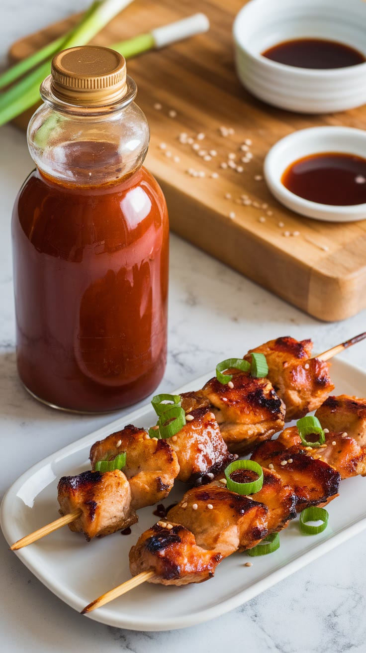 Grilled chicken skewers garnished with green onions on a white plate, accompanied by a bottle of sauce and two bowls of sauce on a wooden board in the background.