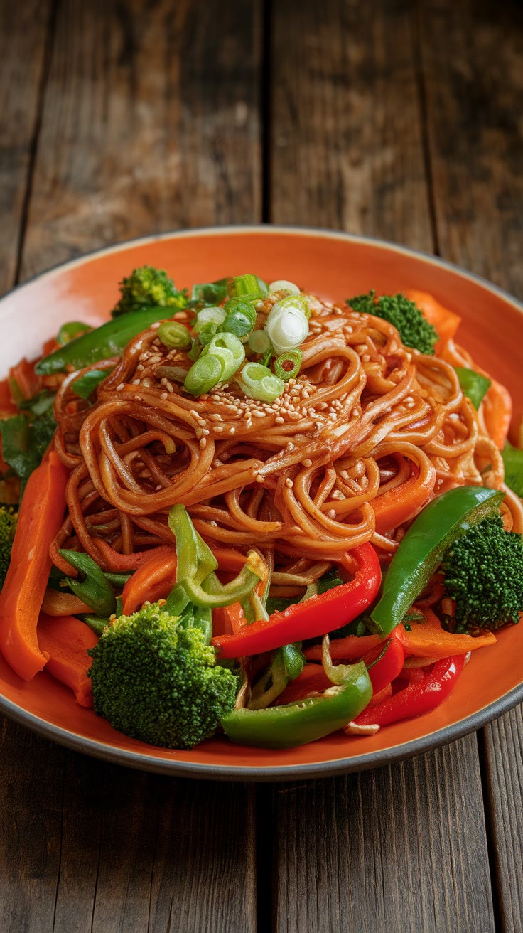 A bowl of stir-fried noodles with sliced green onions, sesame seeds, broccoli, and bell peppers on an orange plate.