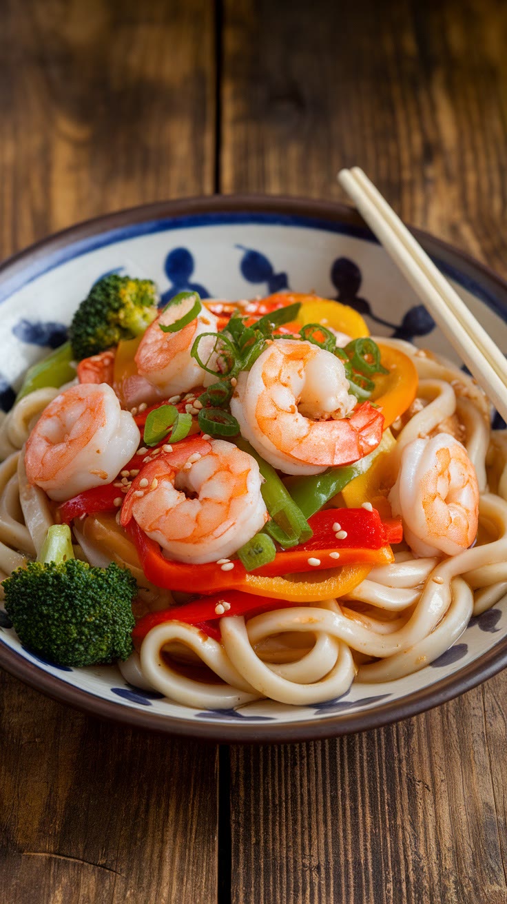A bowl of udon noodles topped with shrimp, broccoli, red and yellow bell peppers, and green onions, garnished with sesame seeds. Chopsticks rest on the bowl's edge.