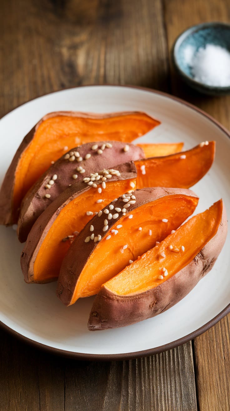 Sliced roasted sweet potatoes with sesame seeds on a white plate. Small bowl of salt in the background.