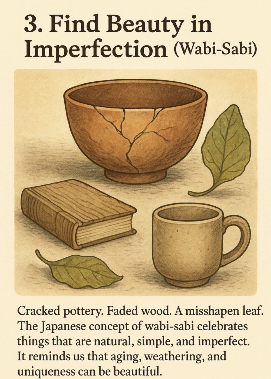 An illustration of a cracked pottery bowl, a faded book, a misshapen leaf, and a chipped cup, representing the Japanese concept of wabi-sabi—finding beauty in imperfection.