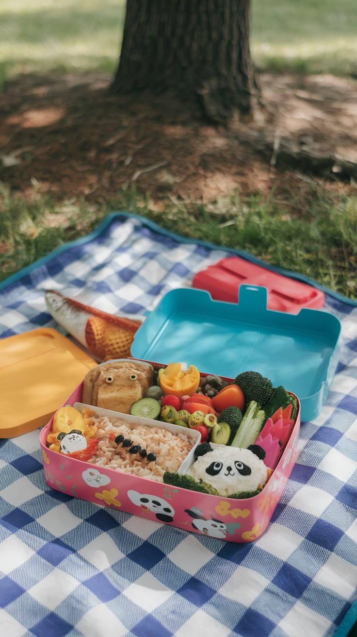 A colorful bento box sits open on a blue checkered picnic blanket, containing rice with panda shapes, vegetables, and fruit. A tree trunk and grass are visible in the background.