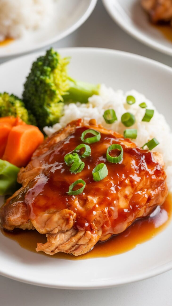 A plate of glazed chicken topped with green onions, served with white rice, broccoli, and carrots.