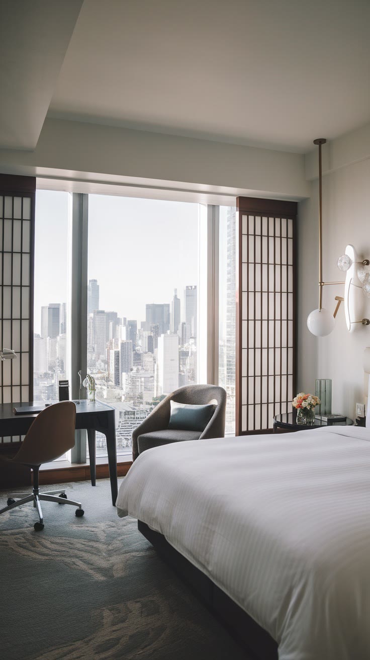Hotel room with a large bed, desk, and chair facing floor-to-ceiling windows with a cityscape view. Modern decor with neutral tones, flowers on a table, and a hanging light fixture.