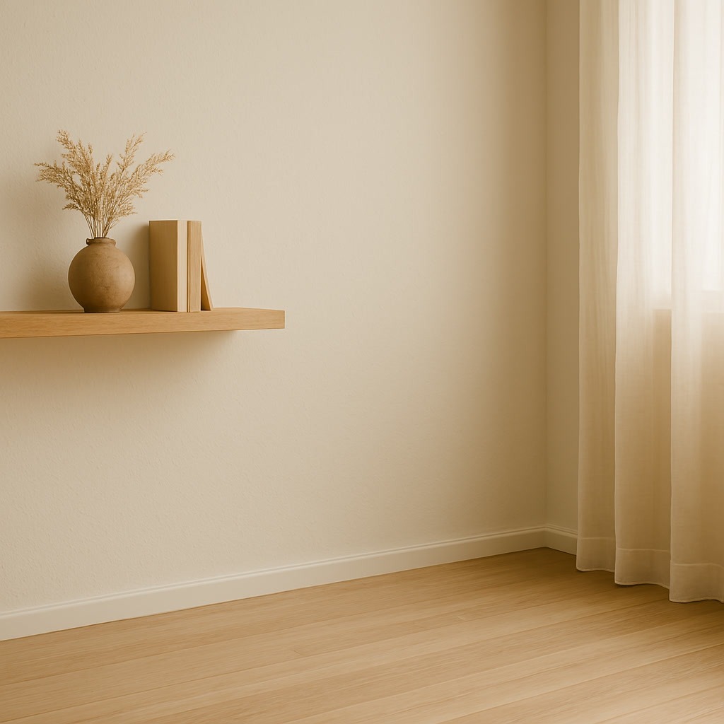 Minimalist room with a floating wooden shelf holding a vase with dried plants and two books. Soft light filters through sheer curtains, illuminating the wooden floor.
