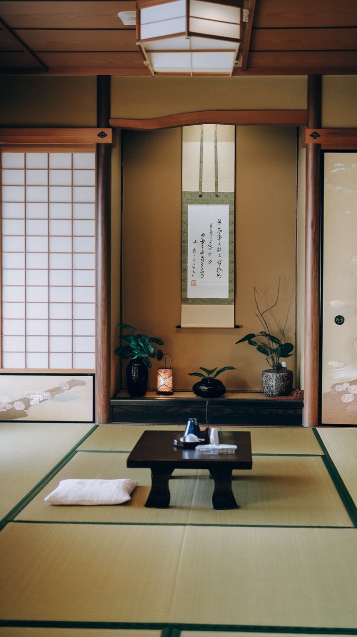 A traditional Japanese tatami room with a low wooden table, a cushion, sliding shoji doors, a hanging scroll, and plants under soft lighting.