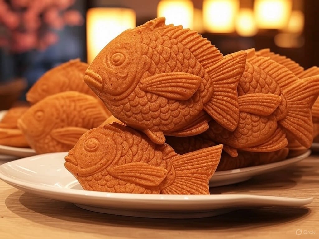 Fish-shaped pastries stacked on a white plate, with a warm background.