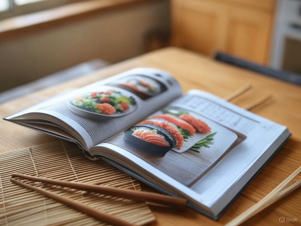 Open cookbook displaying sushi images next to chopsticks on a wooden table.