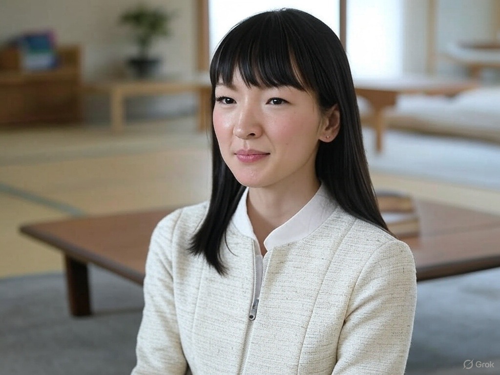 Person with long black hair wearing a white jacket sits in a room with minimalistic decor.
