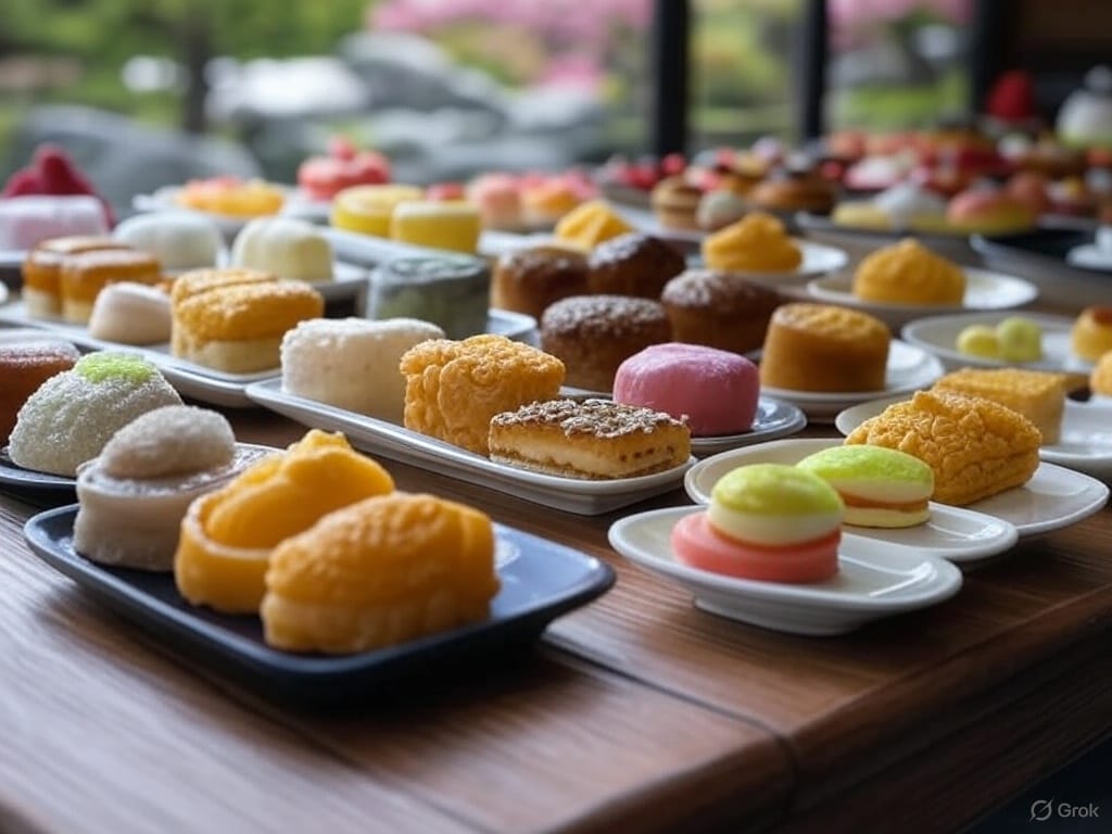 Assorted colorful pastries and desserts displayed on wooden tables, featuring a variety of shapes and sizes.