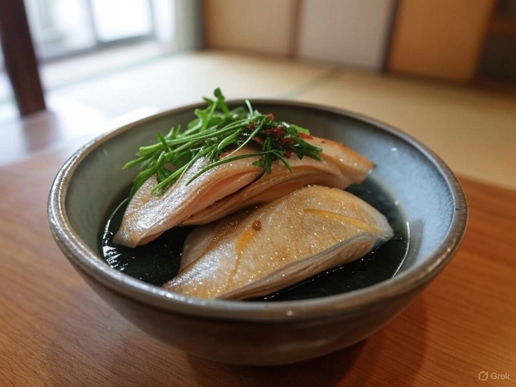 A bowl of sliced fish topped with greens and seasoning, served in a blue dish on a wooden table.
