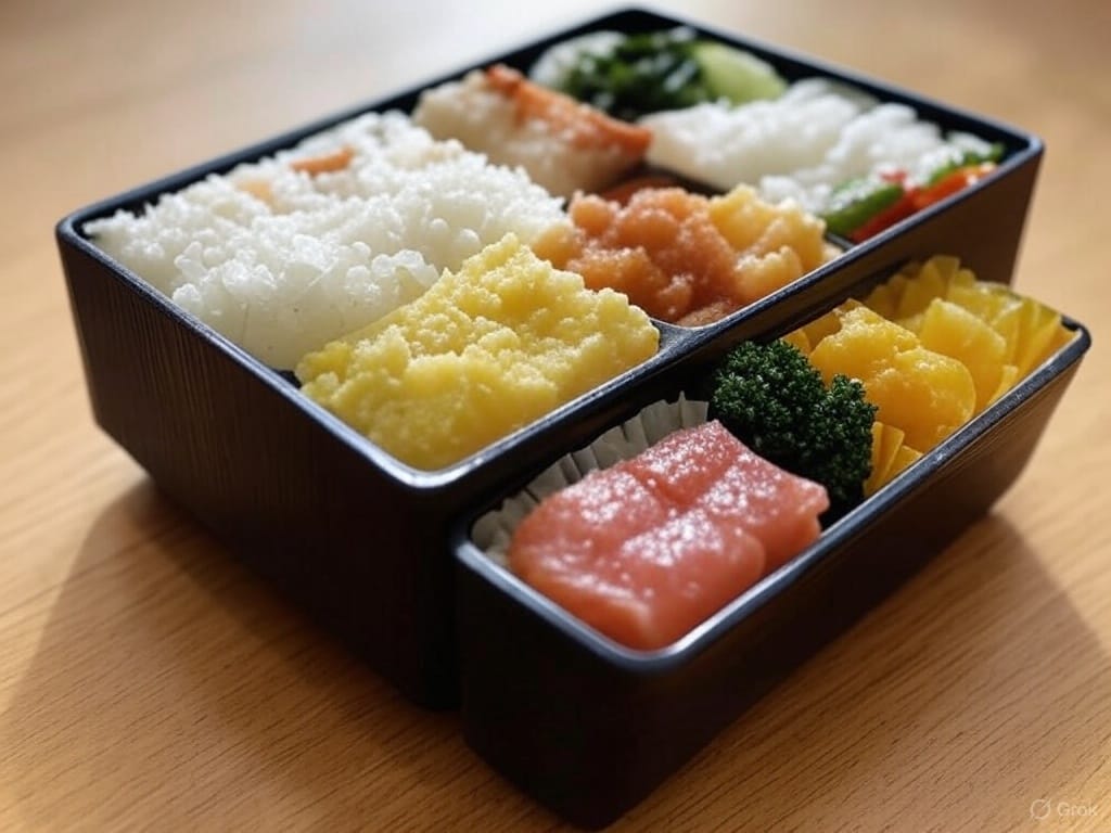 A bento box with rice, assorted vegetables, pickles, and slices of raw fish arranged neatly inside separate compartments.