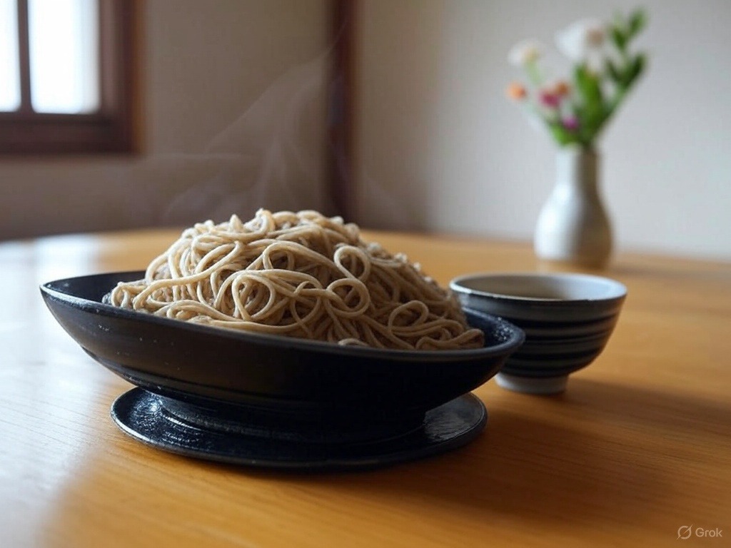 A bowl of steaming noodles on a wooden table, accompanied by a small striped bowl, with a vase of flowers in the blurred background.
