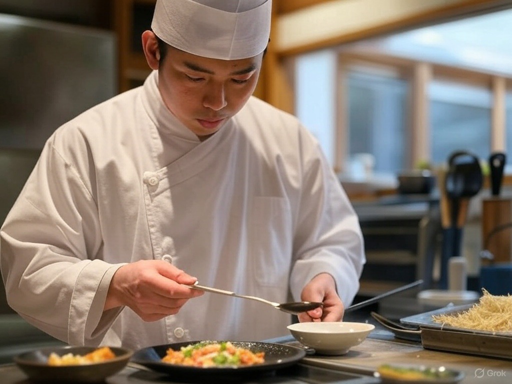Chef in a white uniform and hat carefully garnishes a dish with a spoon in a kitchen setting.