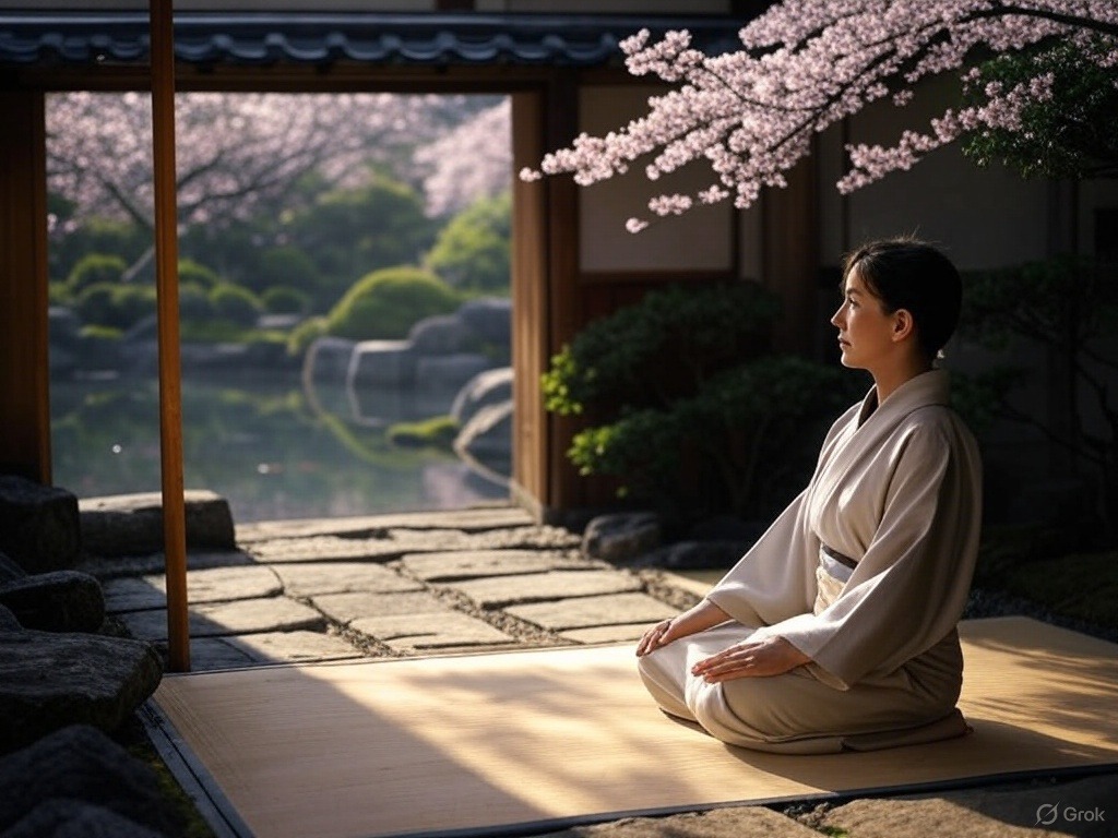 A person in traditional attire sits peacefully on a mat in a Japanese garden, with cherry blossoms and a pond in the background.
