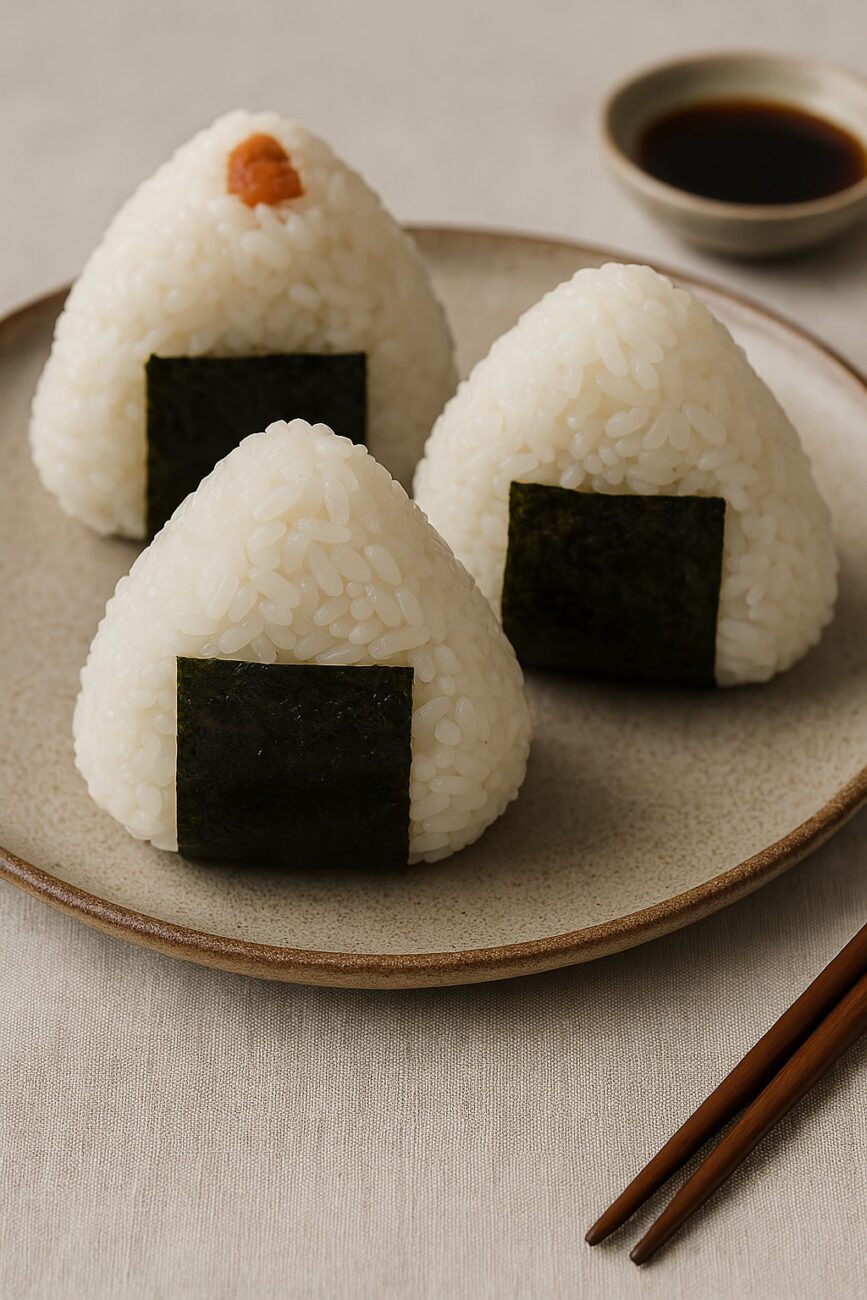 Three triangular onigiri wrapped with seaweed, one topped with a plum, on a beige plate. Chopsticks and a small soy sauce dish are in the background.