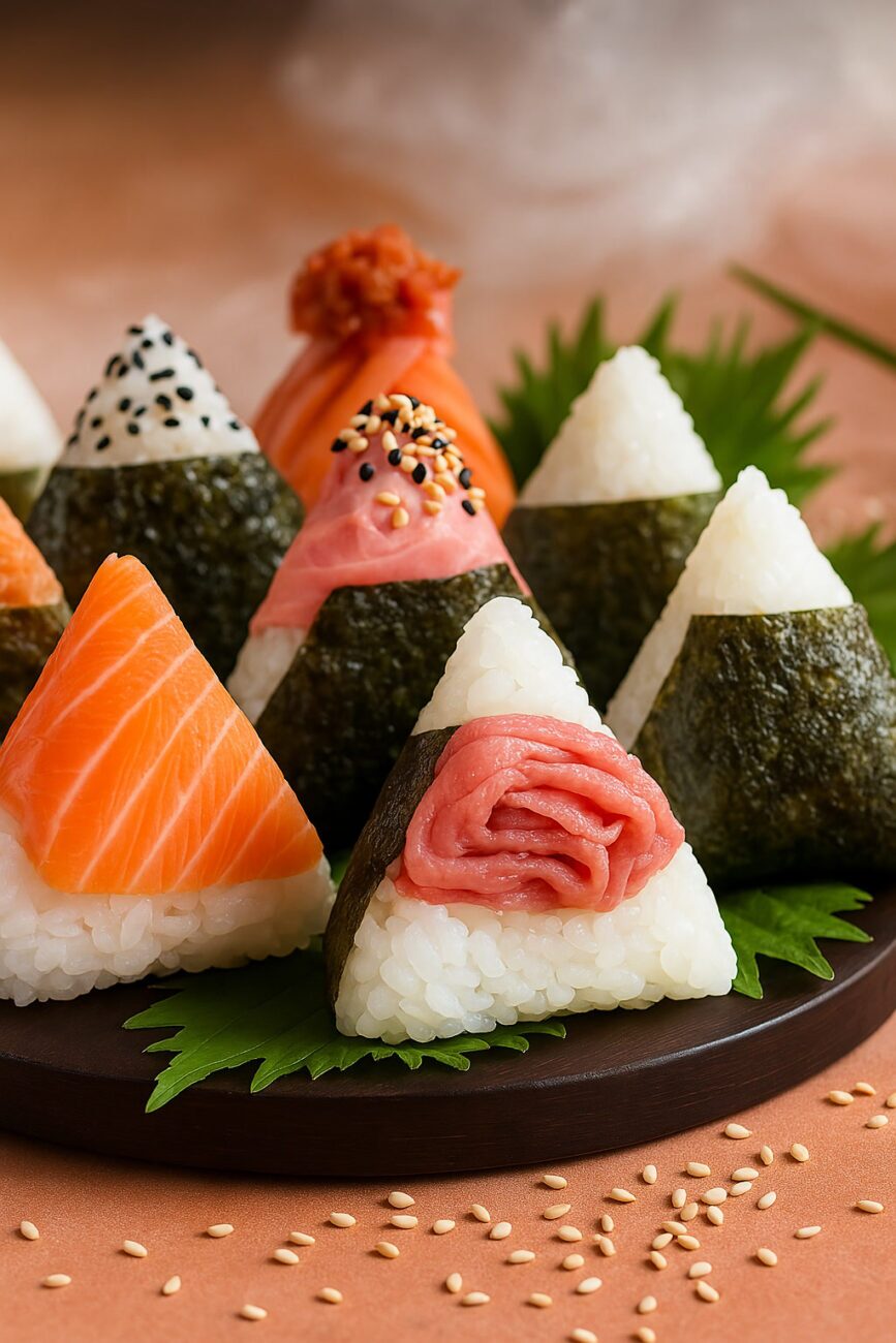 A variety of triangular onigiri with different toppings, including salmon, wrapped in seaweed, displayed on a plate with green leaves. Sesame seeds are scattered around.