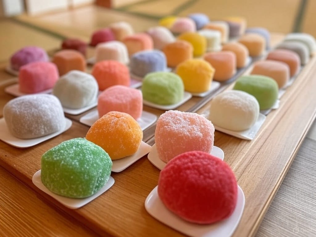 A wooden table displays rows of colorful mochi, each placed on a small white square.
