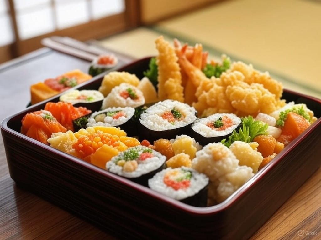 A bento box filled with assorted sushi rolls, sashimi, and tempura, placed on a wooden table.