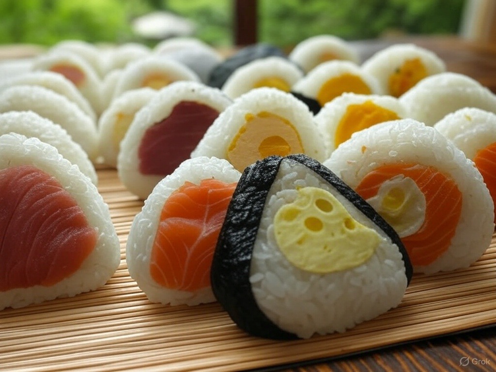 Assorted onigiri with various fillings, including salmon and egg, displayed on a bamboo mat.