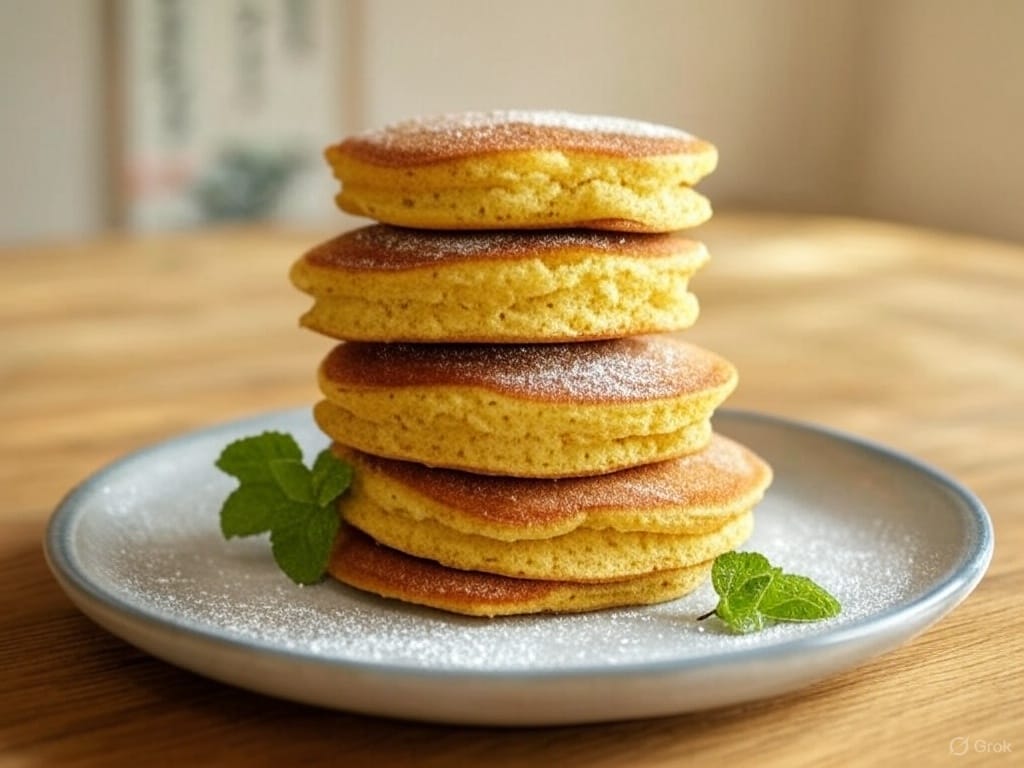 A stack of five golden pancakes dusted with powdered sugar on a white plate, garnished with mint leaves, placed on a wooden table.
