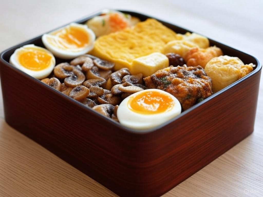 Wooden bento box with sliced mushrooms, boiled eggs, omelette, and assorted foods on a light wood surface.
