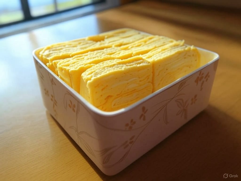 A square ceramic dish filled with neatly stacked, rectangular slices of folded yellow egg omelette.