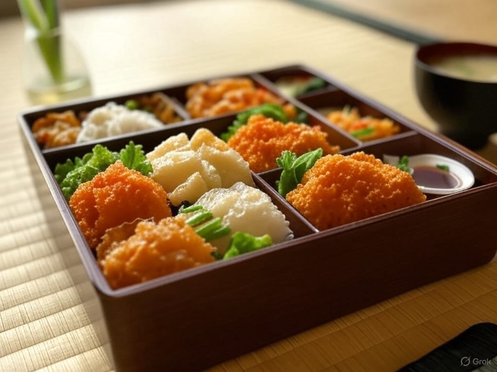 A bento box with assorted sushi, rice, and vegetables on a bamboo mat. A small bowl is partially visible in the background.