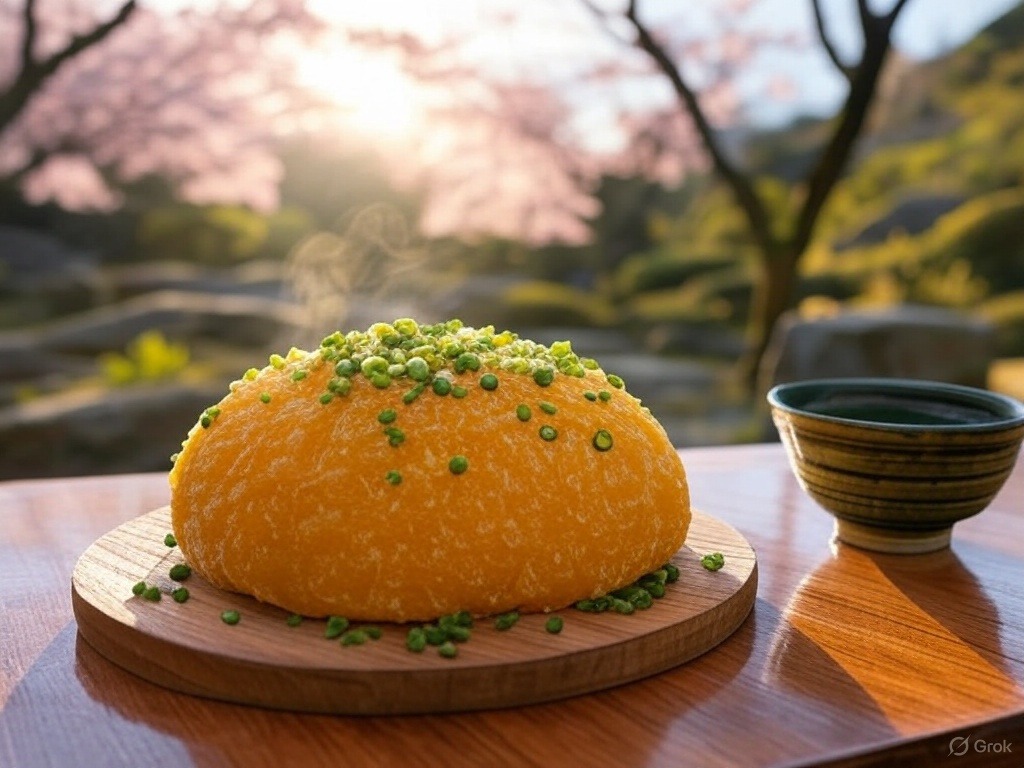 A round, golden mound topped with green peas sits on a wooden board beside a cup. Blossoming trees are visible in the background.
