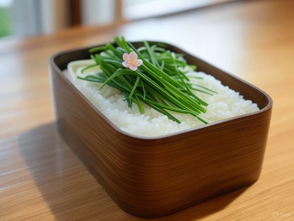A wooden box filled with white rice, topped with a small bunch of chives and a pink flower, placed on a wooden surface.