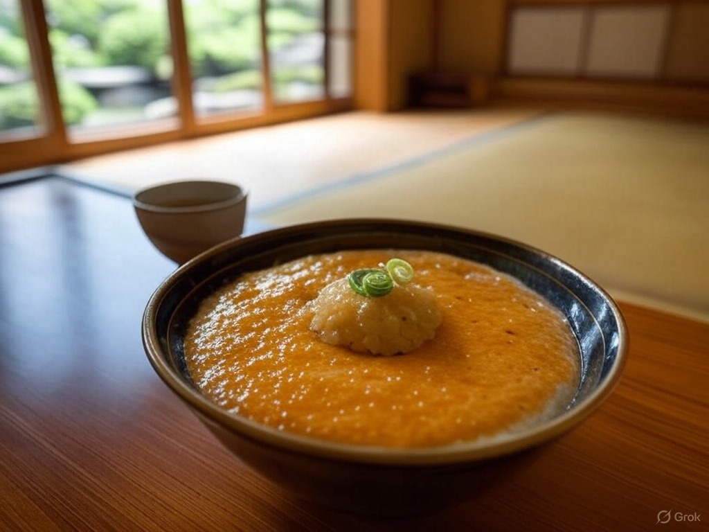 Bowl of miso soup on a wooden table with a dollop of grated yam and green garnish on top; a cup is beside it with a traditional interior and garden view in the background.