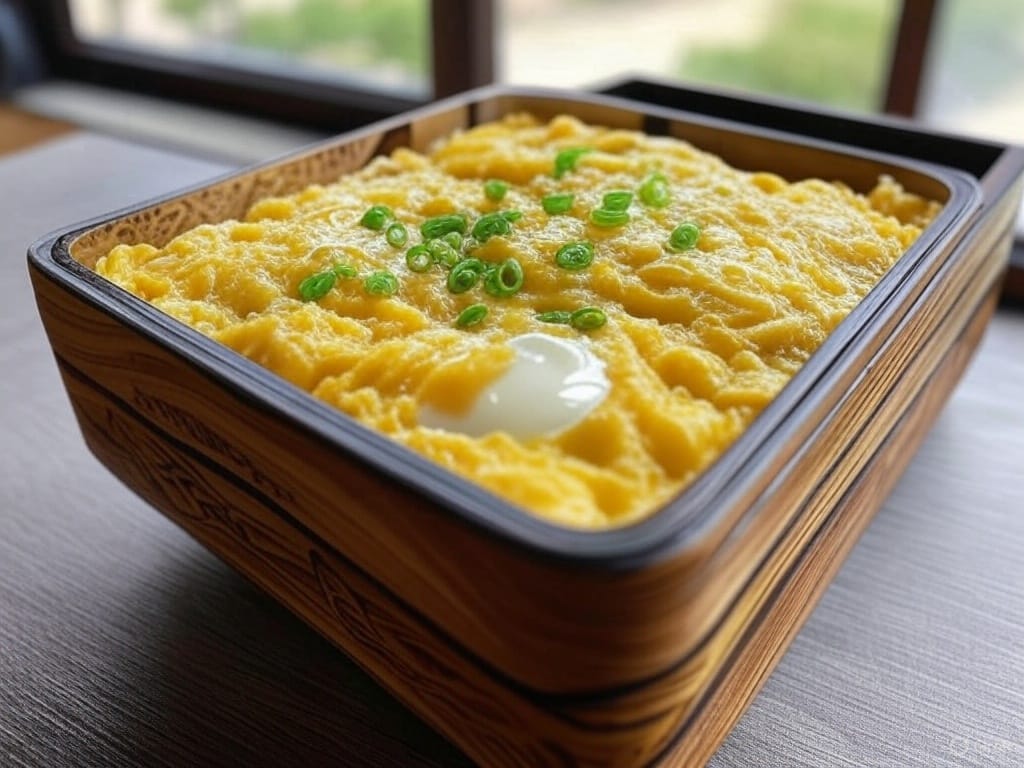 A wooden box filled with fluffy scrambled eggs topped with green onions, placed on a table by a window.