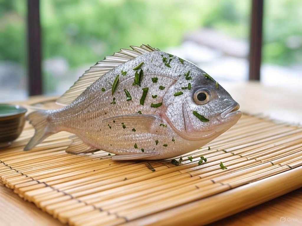 A fresh fish garnished with herbs is placed on a bamboo mat, with a blurred outdoor backdrop.