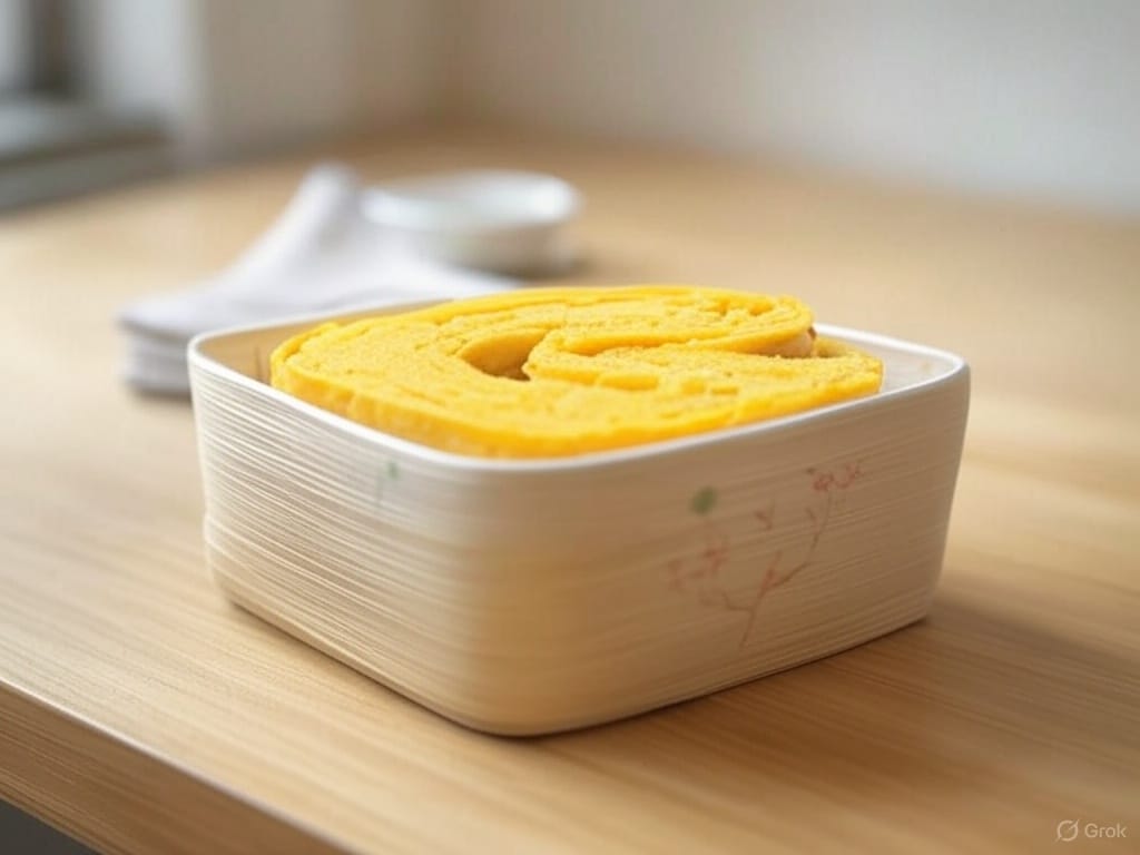 A rolled Japanese omelette sits in a decorative ceramic dish on a wooden table, with a blurred background of a small white bowl and napkins.