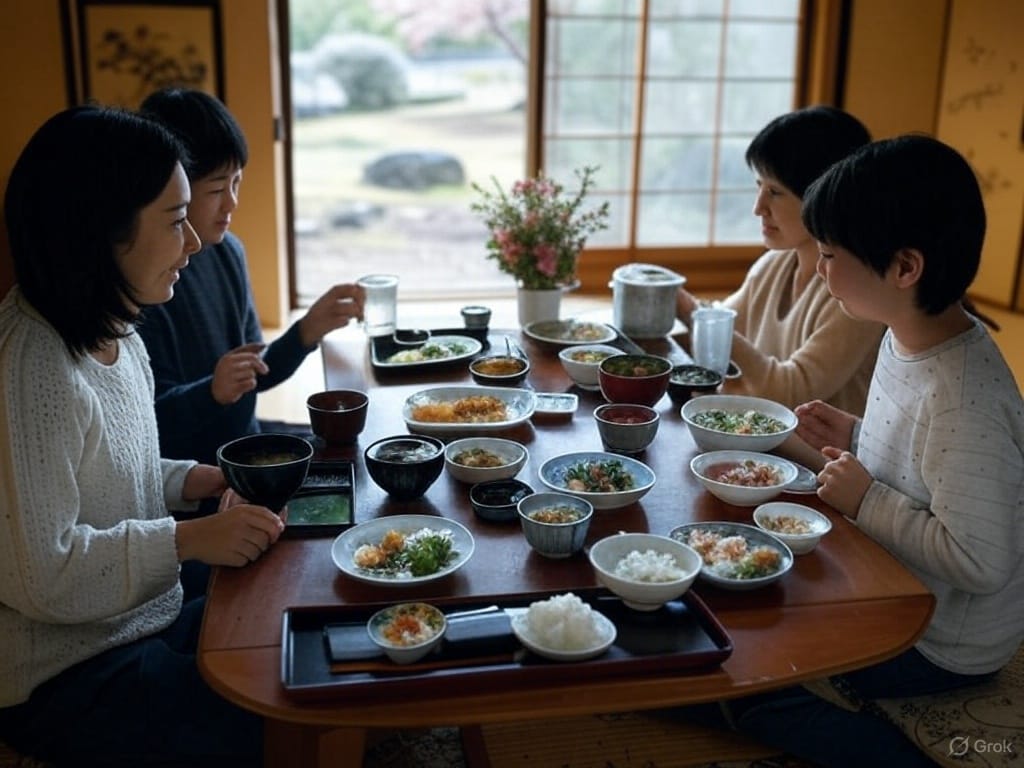 A family of four sits at a low table enjoying a traditional Japanese meal, with multiple dishes and bowls, in a room with sliding doors overlooking a garden.