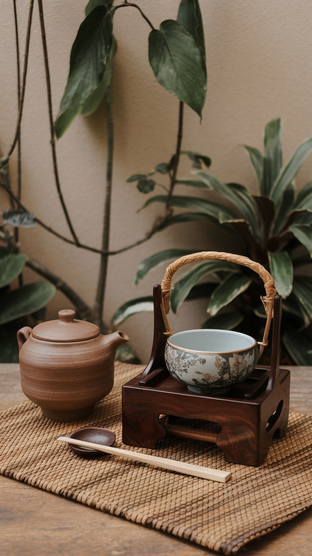 A ceramic teapot and a tea cup on a wooden stand with a bamboo mat underneath. A wooden spoon rests on the mat. Green plants are in the background.