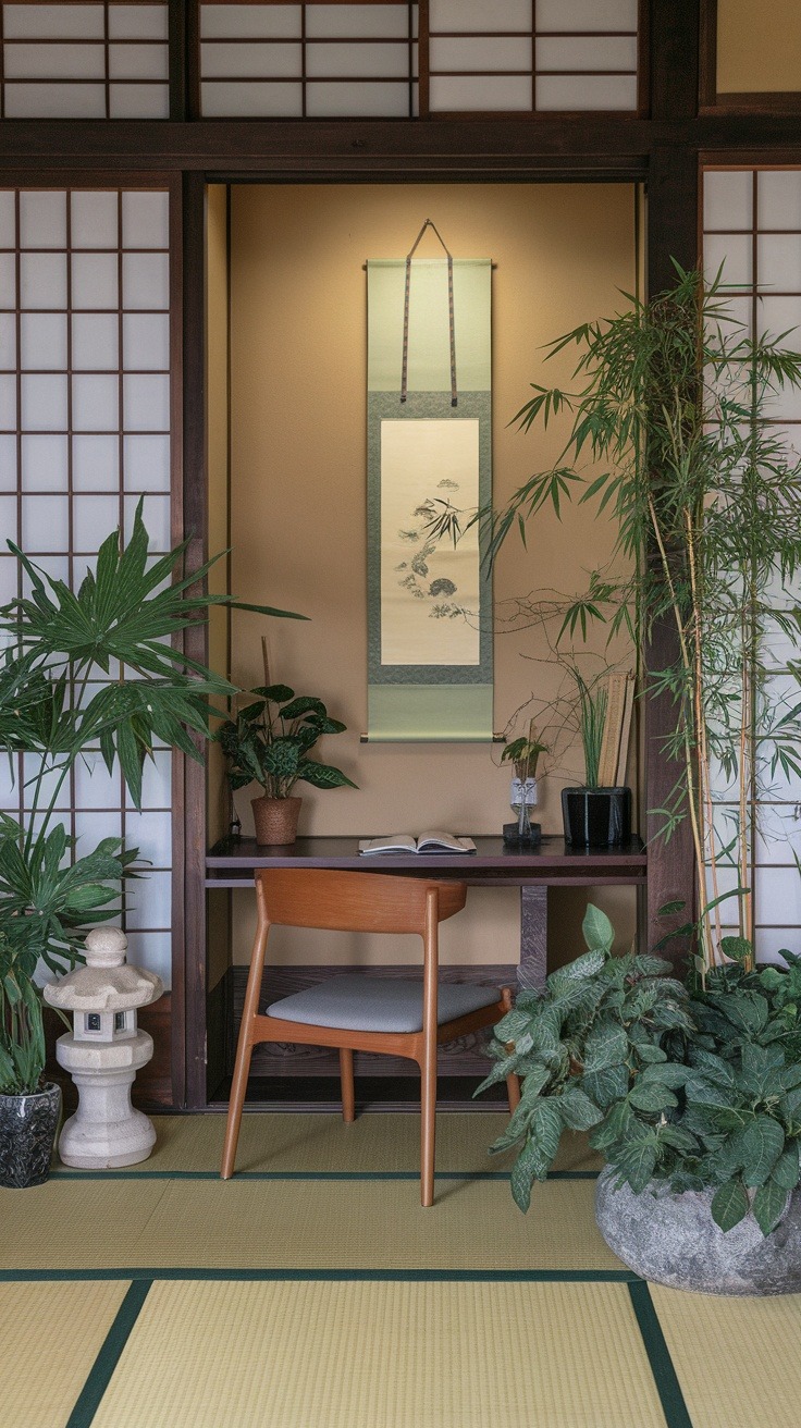 A serene Japanese-style room with a wooden chair, a small desk with an open book, surrounded by green plants, and a hanging scroll on the wall. Traditional shoji screens flank the sides.