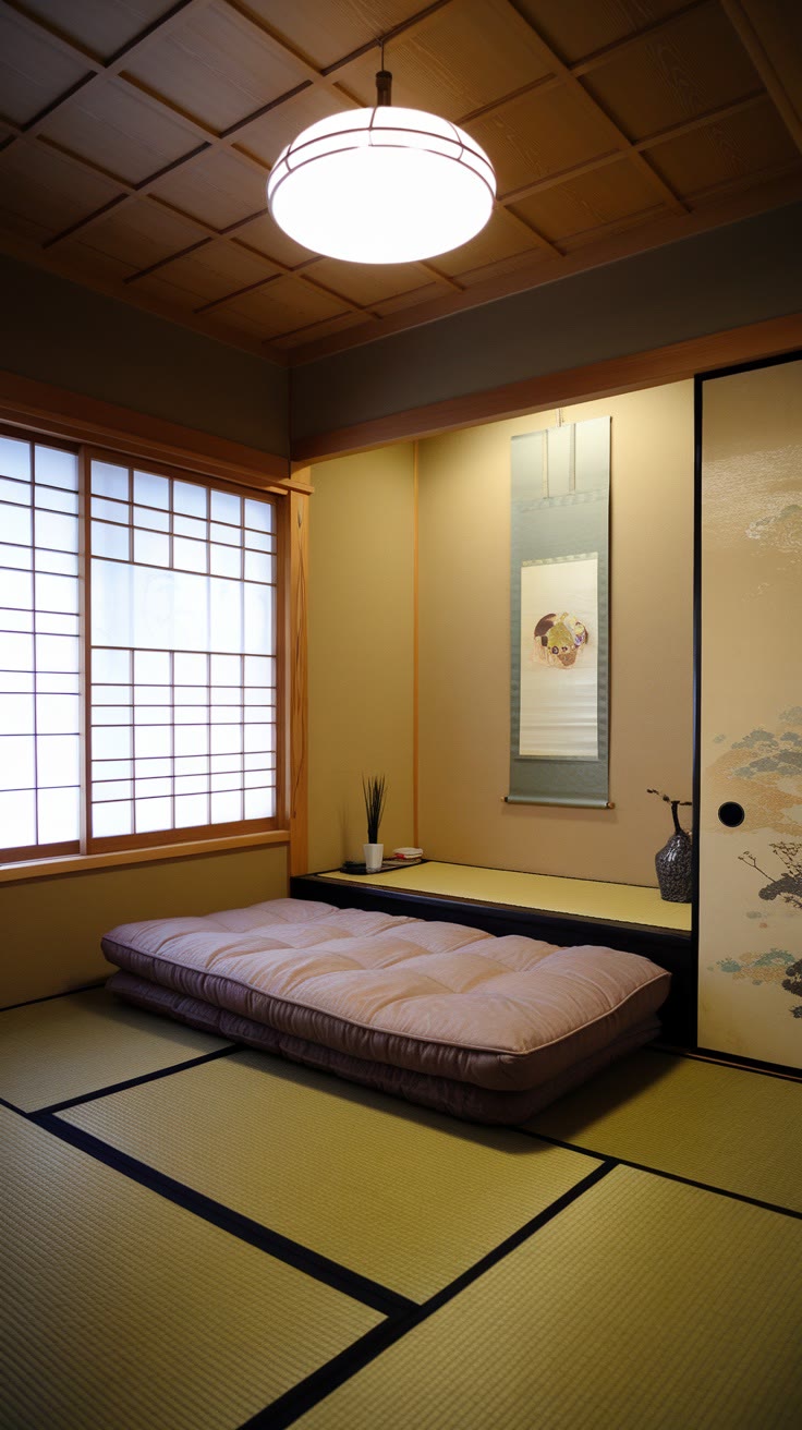 A minimalist Japanese-style room with tatami mats, a futon on the floor, a hanging scroll, a shoji screen, and a vase on a low shelf.