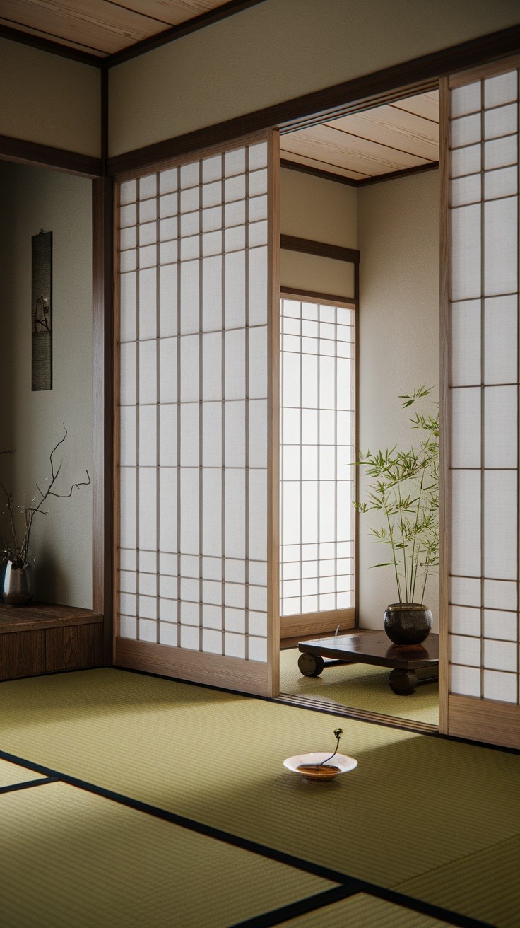 Minimalist interior of a Japanese room featuring tatami flooring, sliding shoji doors, and a small table with a potted plant. A tea cup rests on the floor in soft natural light.