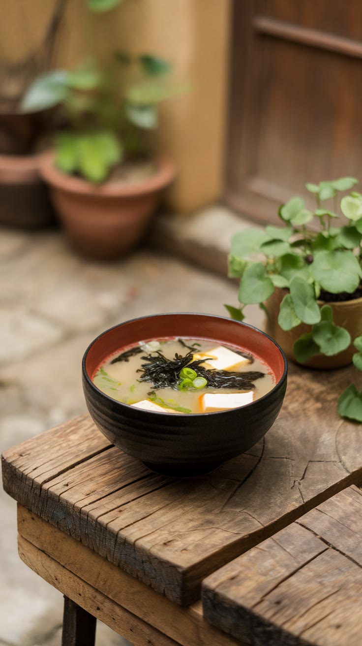 A bowl of soup with seaweed and sliced green onions on a wooden table, set in an outdoor setting with potted plants in the background.