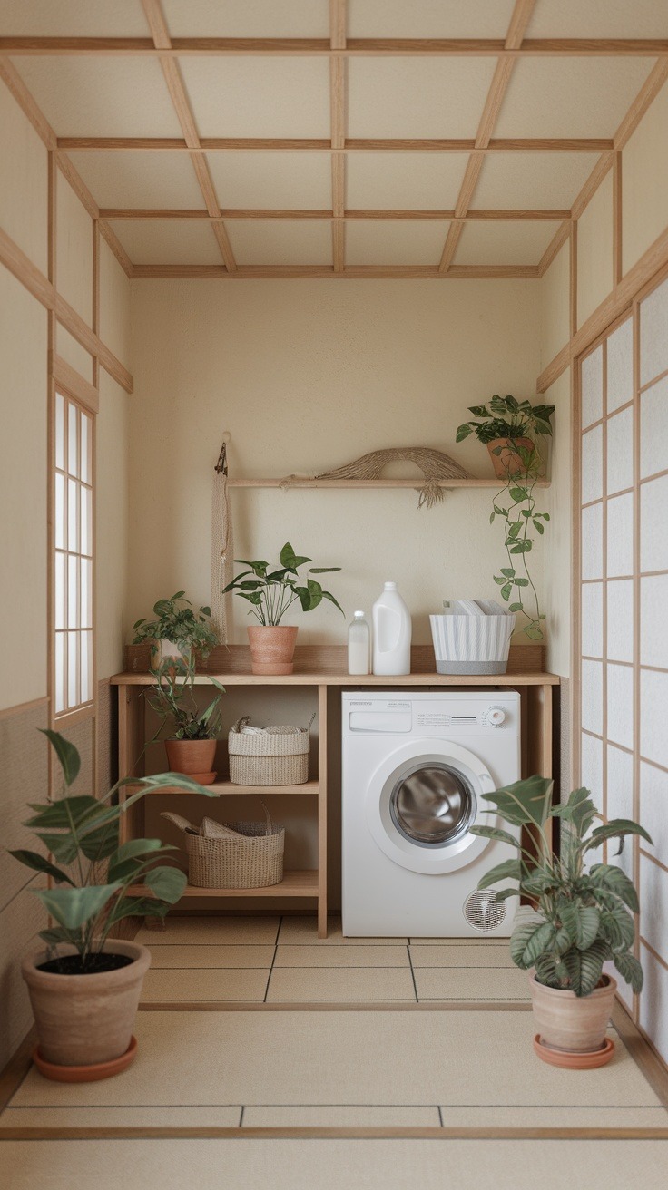 Laundry room with a washing machine, wooden shelves, potted plants, and laundry supplies in a minimalist setting.
