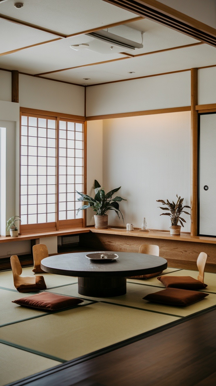 Minimalist room with a round table on tatami mats, surrounded by floor cushions. Shoji screens and indoor plants decorate the space.