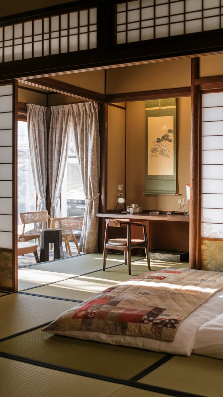 Traditional Japanese room with tatami mats, a futon, and a wooden desk. Sliding shoji screens reveal a view of nature, while a scroll hangs on the wall. Soft natural light fills the space.