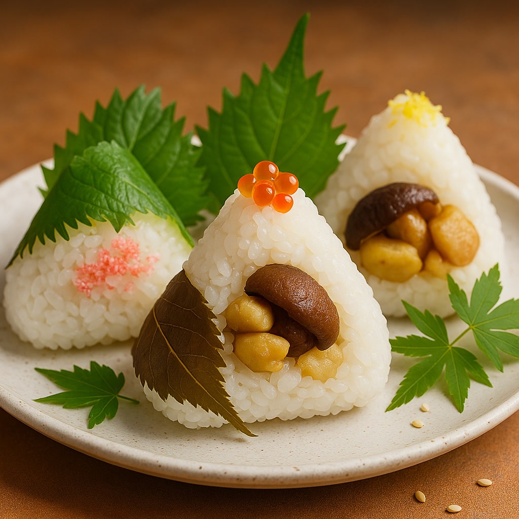 Three triangular rice balls with various toppings and garnishes, including mushrooms, nuts, fish roe, and leafy greens, are arranged on a white plate.