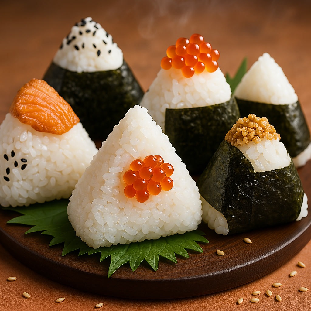Six triangular onigiri with various toppings like fish roe and sesame seeds, wrapped in seaweed, displayed on a wooden platter with green leaves.