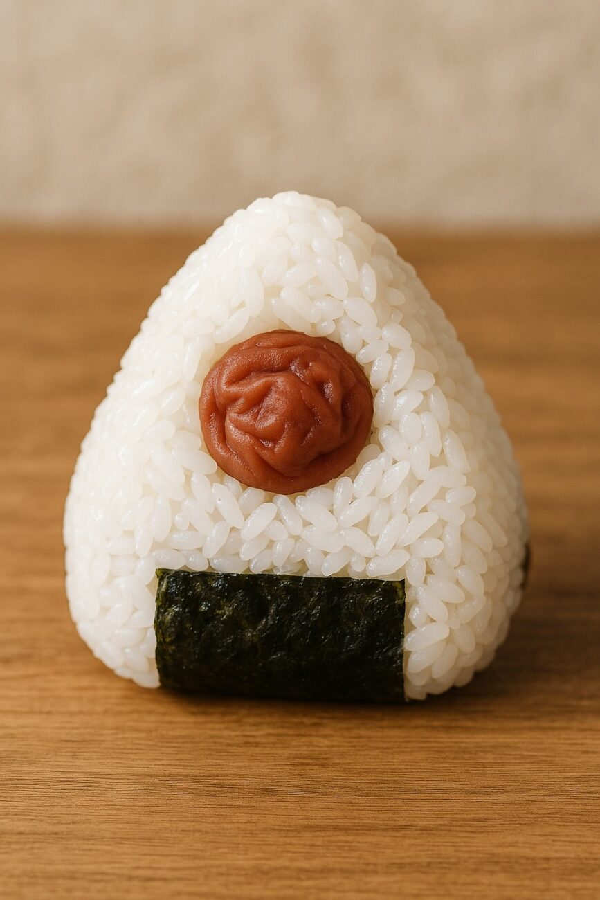 A triangular rice ball with a pickled plum on top and a strip of seaweed at the base, placed on a wooden surface.