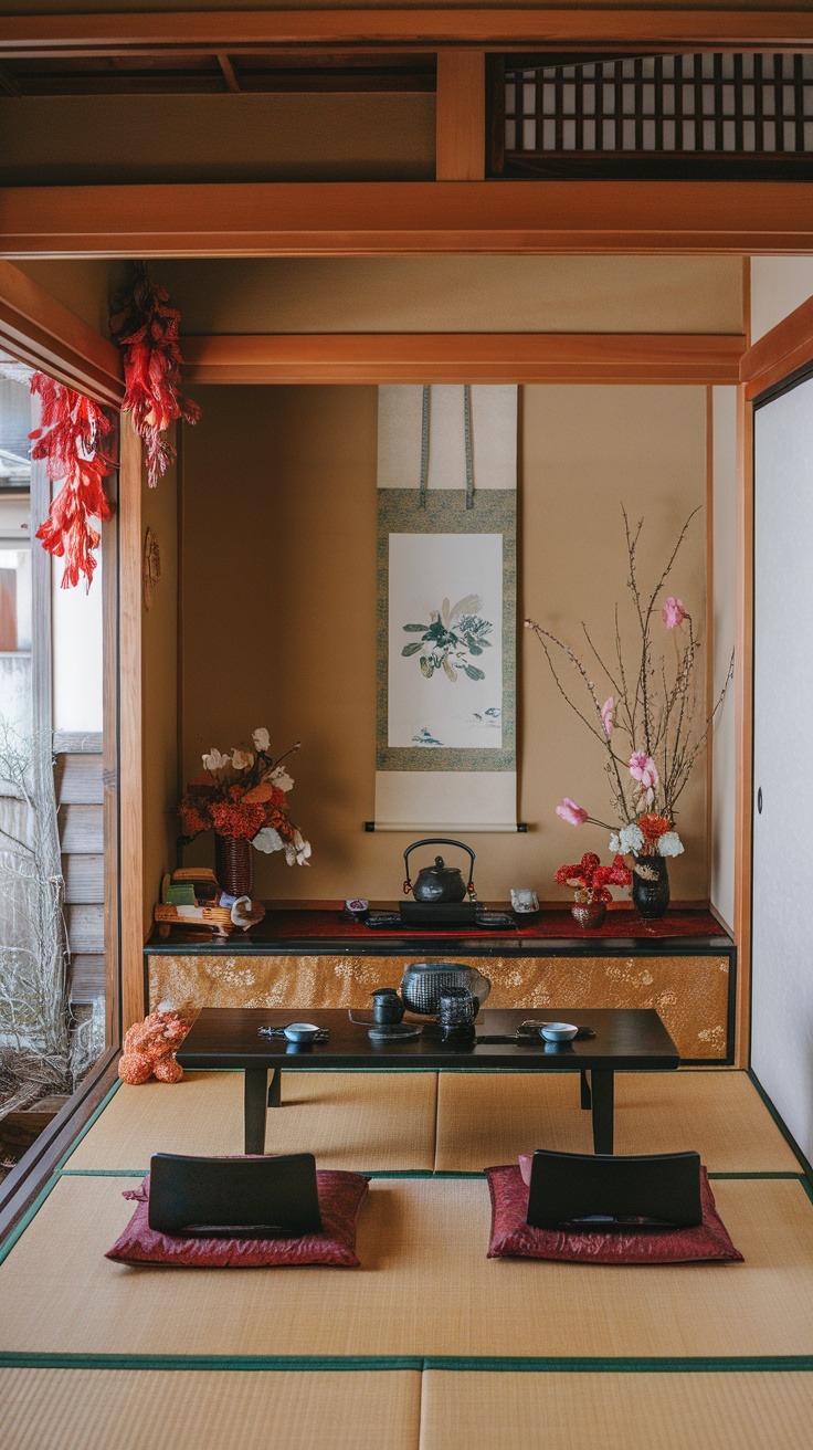 Traditional Japanese tea room with tatami mats, a low black table set with tea utensils, cushions, and floral decorations, including a scroll painting on the wall.